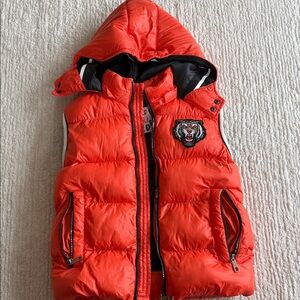 Orange Hooded Puffer Vest with Tiger Patch